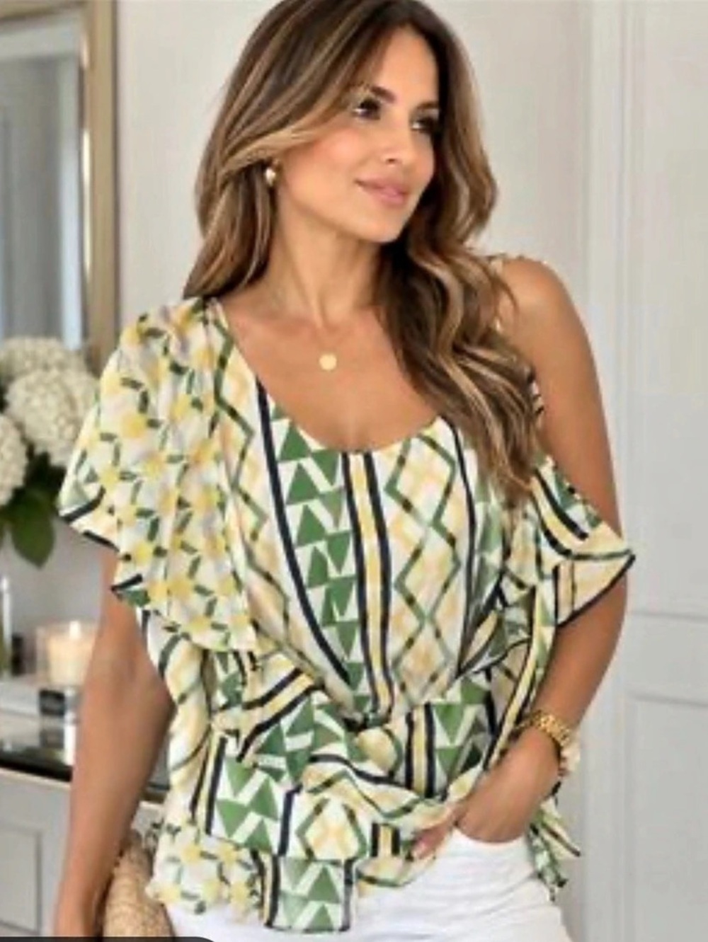 MISA Agata top Geometric Ruffle Blouse in Green & White NWT